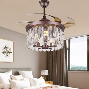 Ruiwing 42″ Luxury Ceiling Fan with Light Crystal Brown Fandelier Invisible 4-Blade Ceiling Fans Remote Retractable 3 Colors 3 Speeds Ceiling Lighting Fixture for Indoor Living Room Bedroom Restaurant, E14 Bulbs Required