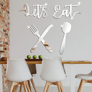 Let’s Eat 3D Mirror Wall Stickers Acrylic Kitchen Wall Decals Decoration Removable Fork Spoon Knife Sign DIY for Restaurant Dining Room (Elegant Style)
