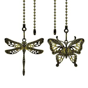 Dotlite Bronze Ceiling Fan Pull Chain Set,Decorative Fan Pull Chain Pendant Extension,12 Inches Lighting & Fan Beaded Ball Fan Pull Chain Extender with Connector,Dragonfly and Butterfly,2Pack (Bronze)
