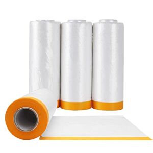 Pre-Taped Masking Film 5ft x 200ft Painters Plastic Sheeting Roll, Clear Plastic Sheeting Plastic Drop Cloths for Painting, Automotive Appliance Plastic Sheeting Cover (4 Roll, 50ft Per Roll)
