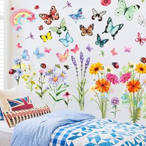 Flower Wall Decals Colorful Butterfly Wall Sticker Peel and Stick Wall Art Sticker Decals for Nursery Boys Girls Kids Bedroom Living Room Bathroom Kitchen Decor