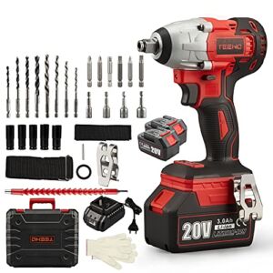 TEENO Impact Wrench Cordless Driver with 1/2″ Square Chuck and 20V 3.0Ah Lithium-ion Battery 240 Ft-lbs Torque, Impact Gun Brushless Kit with 5 Pcs Drive Impact Sockets (Two Batteries with Tool Case)