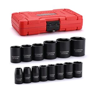 CASOMAN 14 Pieces 1/2-Inch Drive Shallow Impact Socket Set, Metric, 6-Point, 11mm to 32mm