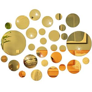 NAILDOKI DIY Wall Decals Acrylic Mirror Sticker Set 60 Pcs, Circle Mirror Wall Stickers for Living Room Bedroom Decor (Gold)
