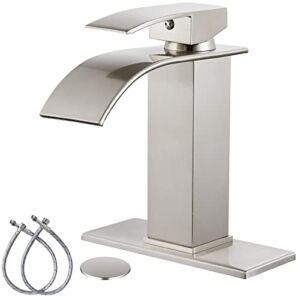 Midanya Brushed Nickel Bathroom Sink Faucet Waterfall Spout Single Handle 1 Hole Deck Mount Mixer Tap Lavatory Vanity Sink Faucet Commercial with Deck Plate and Pop Up Drain