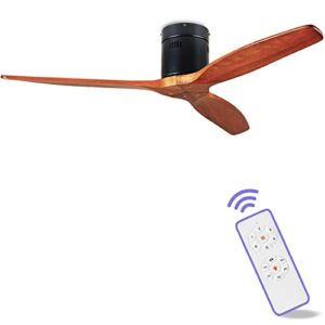 52″ Noiseless Wood Ceiling Fan with Remote, 6 Speeds Low Profile Ceiling fan without Light, Moisture-proof Wood Flush Mount Ceiling Fan for Outdoor, Farmhouse, Bedroom, Living Room, Kitchen