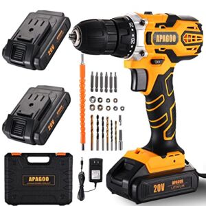 APAGOO 20V Cordless Drill Set 30 Pcs Drill Driver Kit TWO 2.0Ah Battery 310In-Lb Power Drill with 25+2 Torque Setting, 3/8” Keyless Chuck Electric Drill for Metal, Wood, Ceramic Tile Drilling