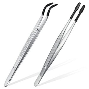 2 Pieces Tweezers with Rubber Tips Set PVC Rubber Coated Tips Bent and Straight Flat Tip Tweezers Stamp Coins Jewelry Hobby Crafts Industrial Electronic Tweezers Tools (Silver, Black)