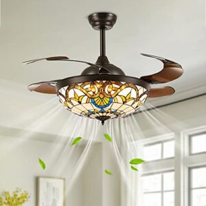 42″ Tiffany Ceiling Fan with Light, Siljoy Reverse Dimmable LED Fandelier Indoor Invisible Retractable Blades Chandelier Fan Light Kits with Remote Control for Dining Living Room