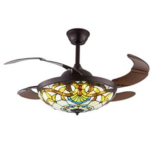 TFCFL Ceiling Fan with Light and Remote 3-Color Changeable Ceiling Fan Lamp 42” Baroque Retractable Blade Fan Chandelier for Bedroom Kitchen Living Room, Tan