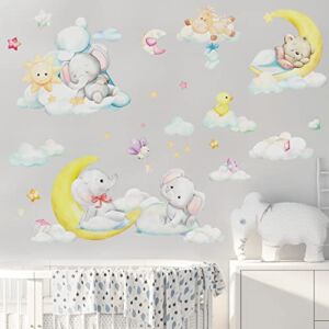 LEYAOYAO Cute Elephant Wall Stickers, Moon Stars Clouds Wall Decals, Lovely Bear Wall Sticker, DIY Removable Home Decoration, Baby Nursery Girl Boy Kids Room Wall Decor, Animals Large 25pcs