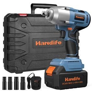 Cordless Impact Wrench 1/2 Inch, Handife Brushless High Torque Impact Wrench 440 ft·lb(600Nm) 20V with 4.0Ah Battery, Adjustable Torque, Fast Charging, Night Work Light, with 4 Impact Sockets