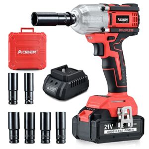 AOBEN 21V Cordless High Torque Impact Wrench 1/2 inch, Powerful Brushless Motor with Max Torque 450 ft-lb (600N.m), 4.0Ah Battery, 6 PCS Sockets (17-22mm), Fast Charger and Tool Box