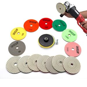 OKVEQUIP 8Pcs Diamond Polishing Pads Granite Sanding 4 Inch Wet Dry for Stone Quartz Concrete Marble Floor Grinder Polisher 50#-3000# Grit with 5/8Inch-11 Drill Adapter and Hook and Loop Back Holder