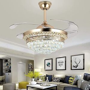Fineshine 42″Invisible Ceiling Fan Chandelier Light,Modern Crystal Ceiling Fan Light Remote Control 4 Retractable ABS Blades for Bedroom Living Room Dining Room Decoration (B)