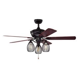 Tangkula 52-Inch Ceiling Fan with Lights, Industrial Ceiling Fan w/ 5 Iron Blades & 3 Cage Lights, Noise-Free Motor with Reversible Function, 3-Speed, Pull Chain Control, Farmhouse Ceiling Fan Light