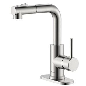 APPASO Bar Sink Faucet, Brushed Nickel Kitchen Faucet with Pull-Out Sprayer Stainless Steel, Modern Single Handle Bathroom Utility Faucet, Pull Down Spray Small Faucet for RV Camper Outdoor Restroom