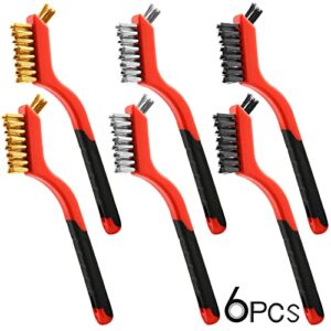 Wire Brush Set, 6 Pcs Brass/Stainless Steel/Nylon Wire Brushes for Cleaning with Curved Handle Grip for Rust Removal, Dirt, Paint Scrubbing