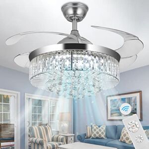 Crystal Ceiling Fans with Lights,42 Inch LED 3 Color Remote Control Retractable Invisible Blades 3 Speeds Indoor Ceiling Light Kits with Fans for Decorate Living Room Bedroom