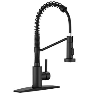 FORIOUS Black Kitchen Faucet with Pull Down Sprayer, Single Handle Single Lever Kitchen Sink Faucet with Deck Plate, Matte Black Commercial rv Stainless Steel Kitchen Faucets, 1 Or 3 Hole Compatible