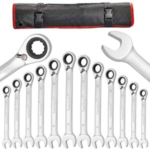 Towallmark 12-Piece Reversible Ratcheting Combination Wrench Set, Metric,8mm-19mm, Chrome Vanadium Steel Ratchet Wrenches Set with Rolling Pouch