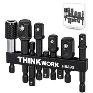 THINKWORK Impact Grade Socket Adapter Set, 9Pcs Drill Bit Adapter, 1/4″,3/8″,1/2″ Drive, with Bit Holder and Storage Case, for Impact Driver & Drill, Cordless Drill & Screwdriver, Power Drill & Driver