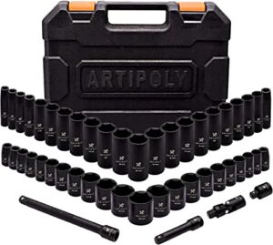 ARTIPOLY 3/8in Impact Socket Set, 6-Point Deep and Shallow Socket Set, 48 Piece Standard SAE and Metric from 5/16in to 3/4in and 8mm to 22mm,Cr-V Steel Mechanic Socket Kit