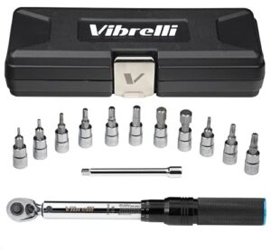 Vibrelli Bike Torque Wrench Set – 1/4 Inch Drive – 2 to 20nm, 0.1 Nm Micro – Essential MTB & Bicycle Torque Wrench Tools. Hex/Allen 2-10, Torx 10-30, 100mm Extension Socket, Storage Case