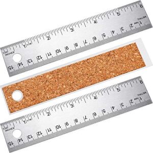 3 Pieces Stainless Steel Cork Back Rulers Metal Ruler Set Non Slip Straight Edge Cork Base Rulers with Inch and Metric Graduations for School Office Engineering Woodworking (6 Inches)