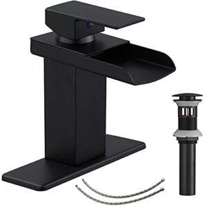 Black Faucet Bathroom Waterfall Sink Bath Faucets Matte Black Single Handle Single Hole With Pop Up Drain Stopper Mixer Tap Modern Style Commercial Vanity Supply Lines Hose By Bathfinesse