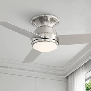 44″ Marbella Breeze Modern Low Profile Hugger Indoor Ceiling Fan with Light LED Remote Control Brushed Nickel Opal Glass for House Bedroom Living Room Home Kitchen Family Dining – Casa Vieja