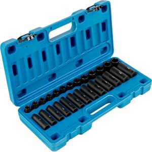 VEVOR Impact Socket Set 3/8 Inches 26 Piece Impact Sockets, Deep / Standard Socket, 6-Point Sockets, Rugged Construction, Cr-V Socket Set Impact Metric 9mm – 30mm, with a Storage Cage