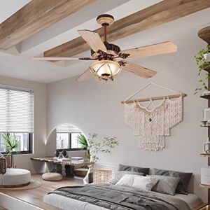 Tropwellhouse 52Inch Modern Rustic Ceiling Fan with Light Glass Cover with Unique Antler Finishsed 5 Wood Blades Ceiling Fan Remote