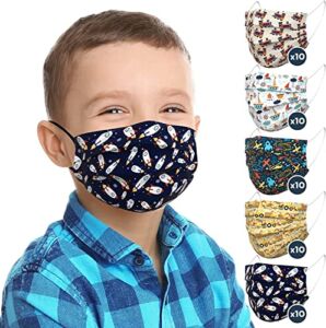 Kids Disposable Face Masks (50 Individually Wrapped Masks), Non-Medical Kids Face Masks Made With with Comfortable Earloops & Adjustable Metal Nose Strip, Premium 3-Ply Childrens Disposable Face Mask