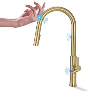 Brushed Gold Touch On Kitchen Faucet with Pull Down Sprayer, Single Handle Brass Sink Faucets with 2 Function Pull Out Sprayer Head, Touch Activated, Matte Brushed, TRUSTMI