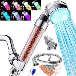 SEANADO LED Shower Head Handheld with Hose,Replacement Filter and Shower Bracket，Rainfall 7 Colors Changing High Pressure Spray Filter Showerheads Waterproof Lights for Hard Water