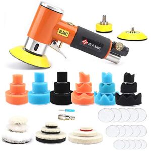 1/2/3 Inch Mini Air Angle Sander Air Random Orbital Palm Sander Grinder for Auto Body Work, High Speed Air Powered Sanders & Polisher with 27 Polishing Pads Buffing Pads and 30 Sandpapers (orange)