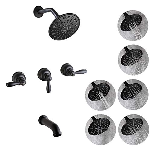 Matte Black 3 Handle Tub and Shower Faucet Set with 6 Spray Shower Head, Bathtub Faucet Set with Tub Spout Bathroom Mixer Tub and Shower Trim Kit with Valve | The Storepaperoomates Retail Market - Fast Affordable Shopping