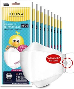[10 Pack] :: Authentic :: BLUNA [KIDs/SMALL] KF94 Facefit Ergonomic 3D Adjustable Strap Korean Face Mask, White [Made in Korea][Individual Package] for Small Kids Children
