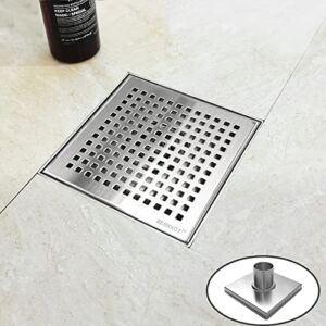 Bernkot 6″ Square Shower Drain Brushed 304 Stainless Steel Drain Cover Removable with Hair Strainer Thread Adapter for Bathroom Remodel