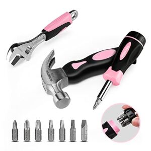 WORKPRO 10-piece Pink Tool Kit, Household Tools Set with Screwdriver Bits Holder Set, Adjustable Wrench and Stubby Claw Hammer-Pink Ribbon