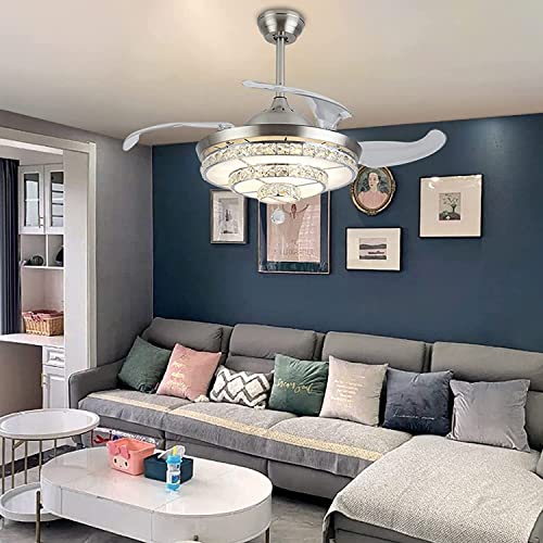 Silver Retractable Chandelier Fan 42 inch Remote Control Crystal Ceiling Fan with Light Dimmable Crystal Invisible Ceiling Fan Lamp Contemporary Chic Crystal 3 Color Chandelier | The Storepaperoomates Retail Market - Fast Affordable Shopping