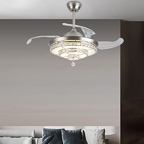 Silver Retractable Chandelier Fan 42 inch Remote Control Crystal Ceiling Fan with Light Dimmable Crystal Invisible Ceiling Fan Lamp Contemporary Chic Crystal 3 Color Chandelier | The Storepaperoomates Retail Market - Fast Affordable Shopping