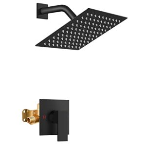 Airuida Shower Faucet Set Matte Black Bathroom Rain Shower System SUS304 Stainless Steel 8 Inch Square Showerhead Single Handle With Male Threads Rough-in Valve Shower Trim Kit