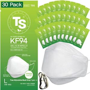 【 30 Pack 】 KF94 Mask Certified, TS Guard Safety Face Mask ; 4-Layered Protection, Tri-Folding Style, 3D-Ergonomic Design, White Color, Made in Korea.” Free Adjustable Mask Strap Gift”