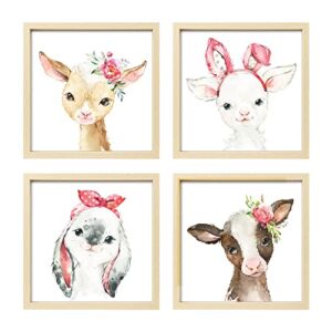 ArtbyHannah Framed Baby Girl Nursery Wall Art Decor with 10×10 Wood Frames and Watercolor Animals Prints for Playroom, Kids Room Decoration, Set of 4