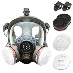 Full Face Organic Vapor Respirator – Protective Eye & Nose Shield with Anti-Fog Heavy Duty Lens & Adjustable – Chemical, & Particulate Respirator. Includes 2 Filter Cartridges – Industrial Grade