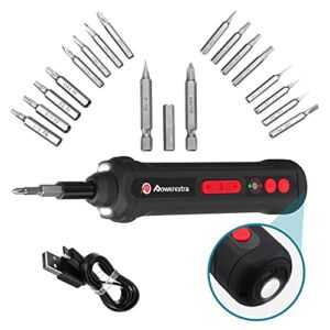 POWEREXTRA Electric Screwdriver Kit 16W Drill Compact Mini Cordless Screwdriver Set Rechargeable Bits 2000mAh Li-ion,1/4 in & 5/32 in Screwdriver Bits,3 LED Working Light,Current detector