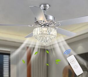 52″ Modern Crystal Ceiling Fan Light, NOXARTE Elegant Chrome Chandelier Ceiling Fan, 5 Reversible Blades, Quiet Motor, Remote Control, Classical Indoor Fandelier for Bedroom Living Room