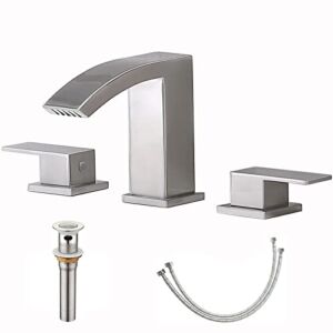 Friho Modern Widespread 3 Hole Waterfall Brushed Nickel Bathroom Faucet, Extra Large Rectangular Spout 8 inch Bathroom Vanity Sink Faucet with Pop Up Drain and Supply Lines